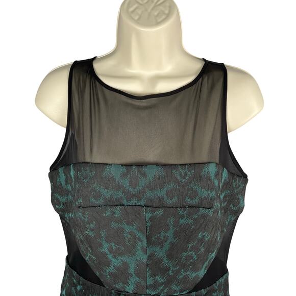 Badgley Mischka Dress 6 Green Black Damask Illusion Neck Sides Sheath Cocktail - Picture 2 of 14